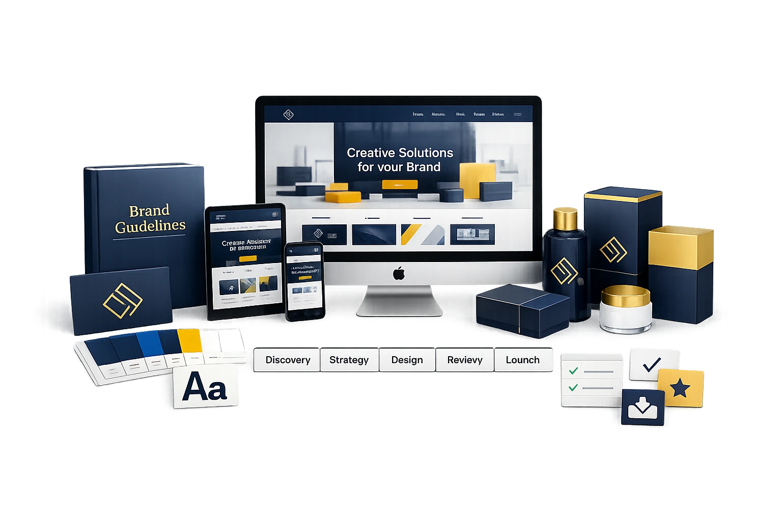 Frelenza branding and design process illustration showing discovery, strategy, design, refinement, and launch.